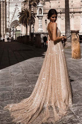 Shiny A-line V-neck Spaghetti Straps Long Prom Dresses, Evening Gown